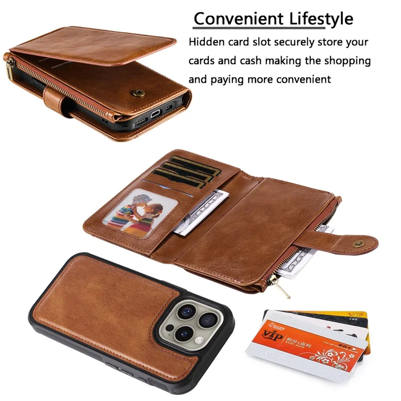 For iPhone 16 Pro Magnetic Case Detachable PU Leather Zipper Wallet Cover - Brown