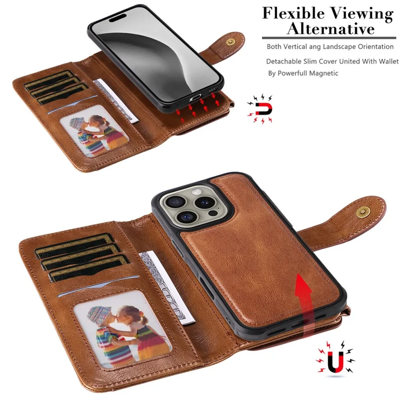 For iPhone 16 Pro Magnetic Case Detachable PU Leather Zipper Wallet Cover - Brown