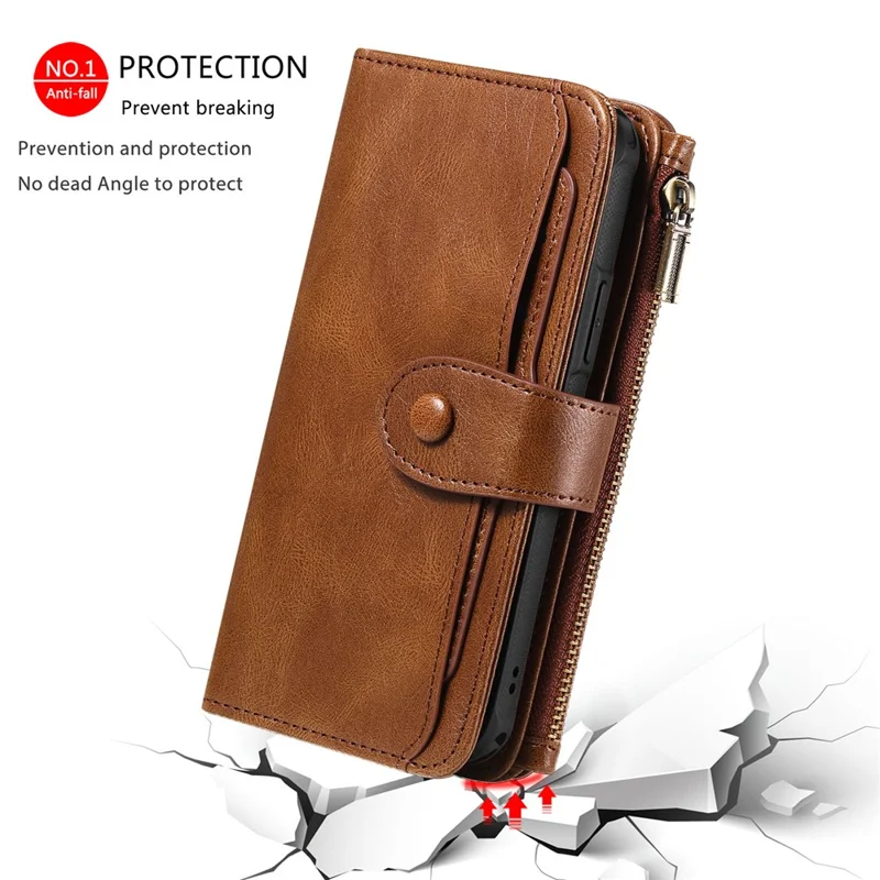 For iPhone 16 Pro Magnetic Case Detachable PU Leather Zipper Wallet Cover - Brown