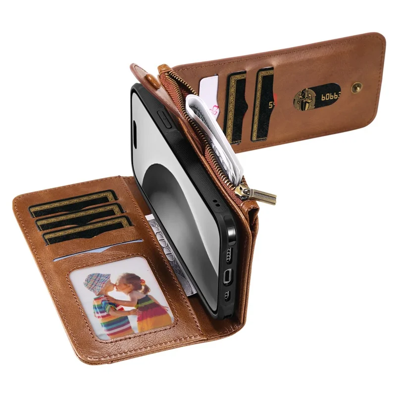 For iPhone 16 Pro Magnetic Case Detachable PU Leather Zipper Wallet Cover - Brown