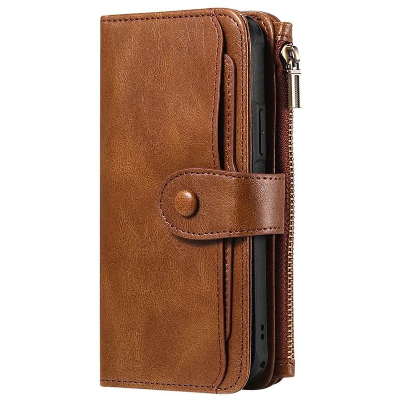 For iPhone 16 Pro Magnetic Case Detachable PU Leather Zipper Wallet Cover - Brown