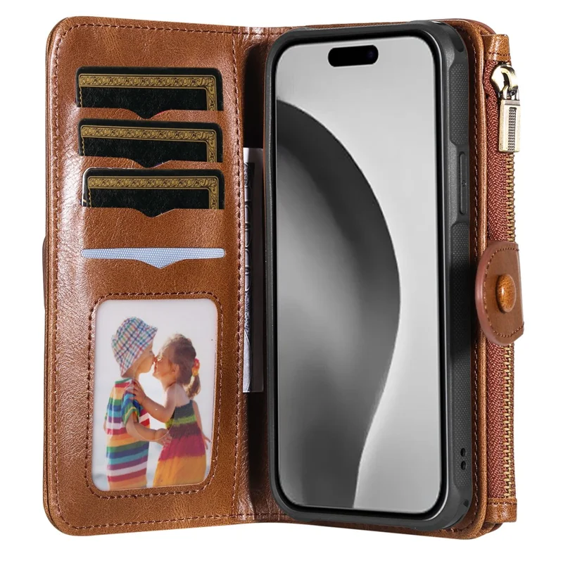 For iPhone 16 Pro Magnetic Case Detachable PU Leather Zipper Wallet Cover - Brown