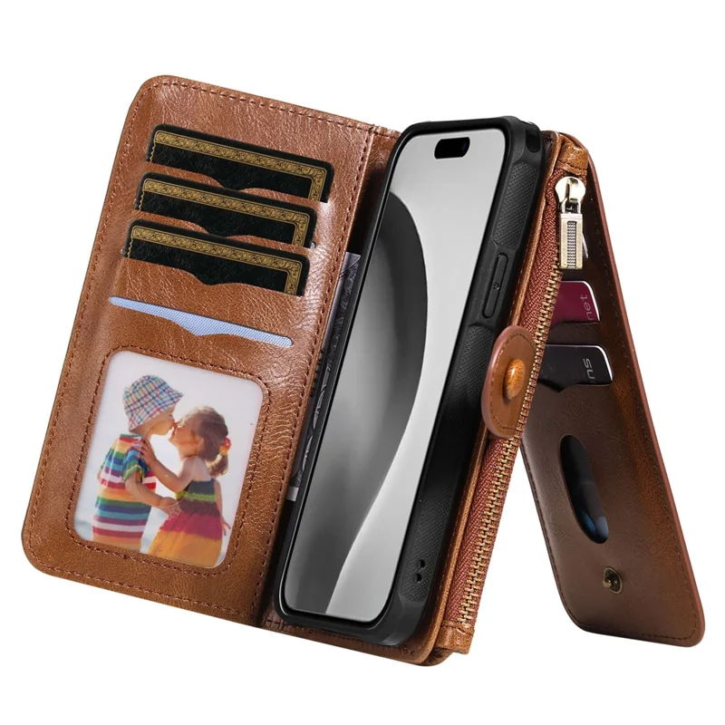 For iPhone 16 Pro Magnetic Case Detachable PU Leather Zipper Wallet Cover - Brown