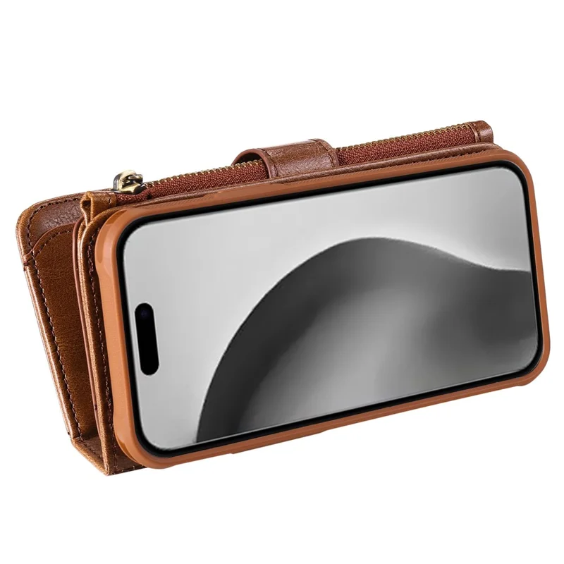 For iPhone 16 Pro Magnetic Case Detachable PU Leather Zipper Wallet Cover - Brown