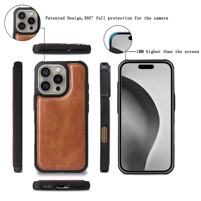 For iPhone 16 Pro Magnetic Case Detachable PU Leather Zipper Wallet Cover - Brown