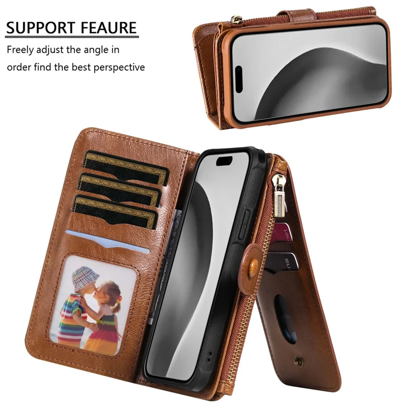 For iPhone 16 Pro Magnetic Case Detachable PU Leather Zipper Wallet Cover - Brown