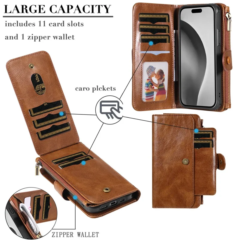 For iPhone 16 Pro Magnetic Case Detachable PU Leather Zipper Wallet Cover - Brown