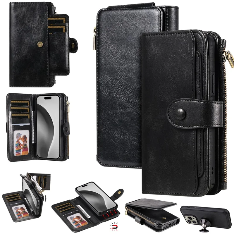 For iPhone 16 Pro Magnetic Case Detachable PU Leather Zipper Wallet Cover - Black