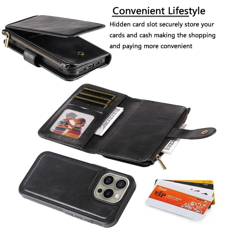 For iPhone 16 Pro Magnetic Case Detachable PU Leather Zipper Wallet Cover - Black
