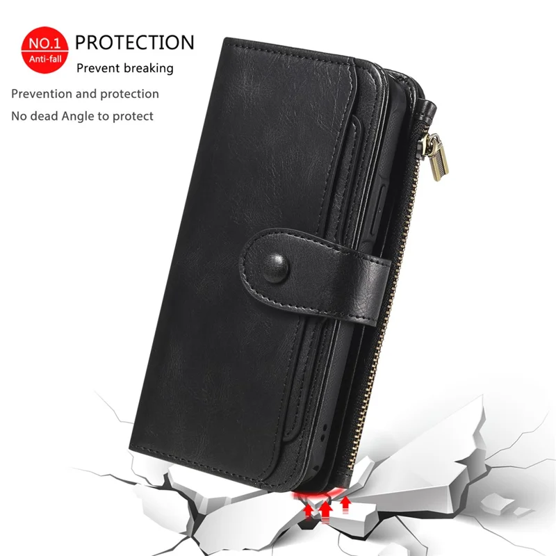 For iPhone 16 Pro Magnetic Case Detachable PU Leather Zipper Wallet Cover - Black