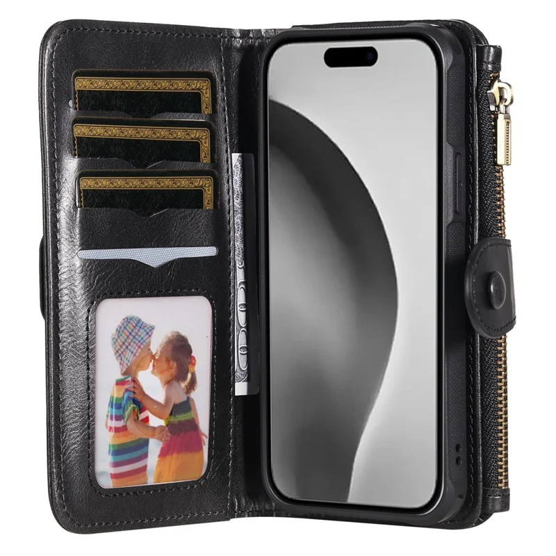For iPhone 16 Pro Magnetic Case Detachable PU Leather Zipper Wallet Cover - Black