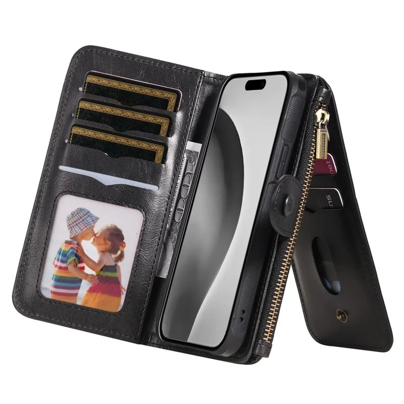 For iPhone 16 Pro Magnetic Case Detachable PU Leather Zipper Wallet Cover - Black