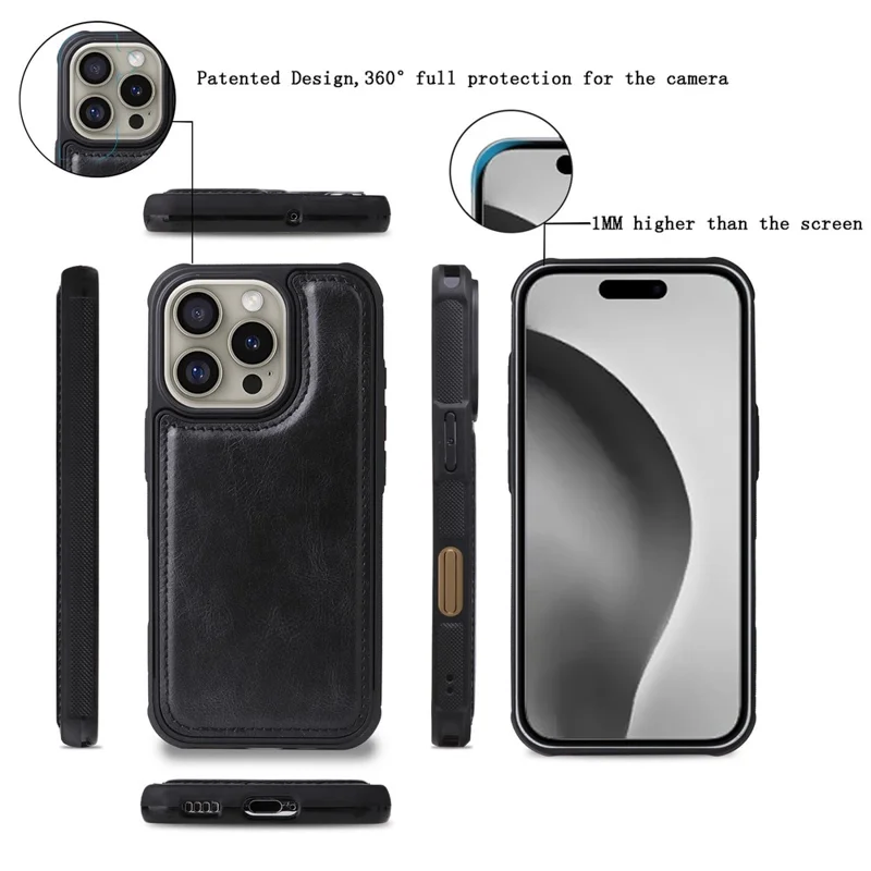 For iPhone 16 Pro Magnetic Case Detachable PU Leather Zipper Wallet Cover - Black