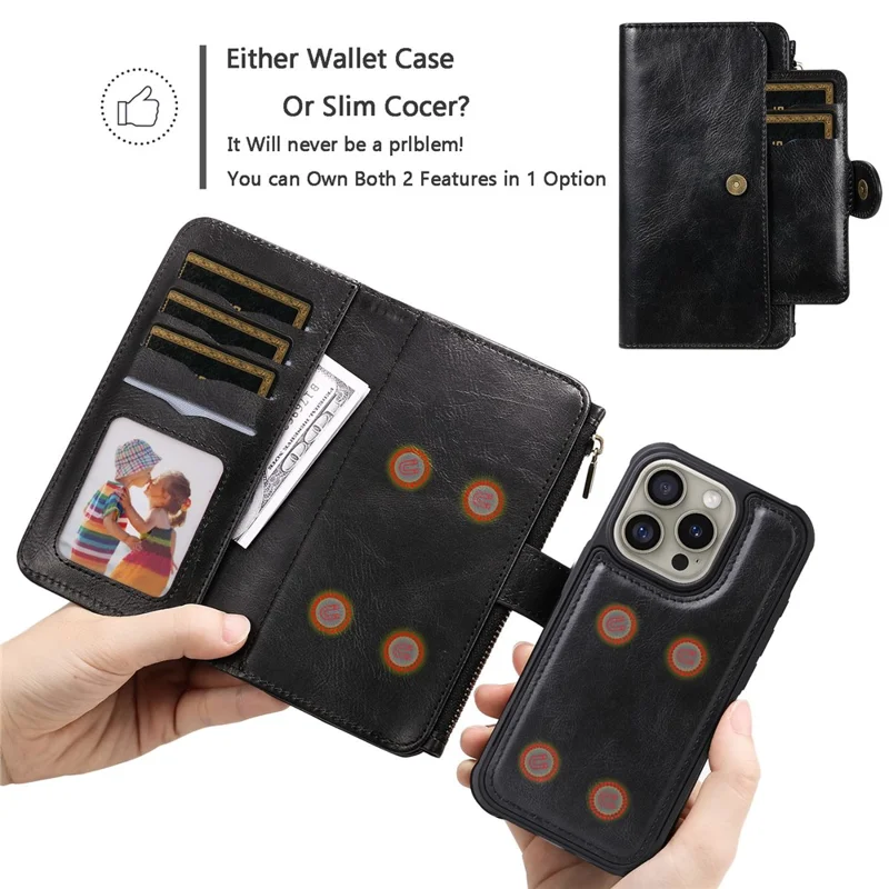 For iPhone 16 Pro Magnetic Case Detachable PU Leather Zipper Wallet Cover - Black