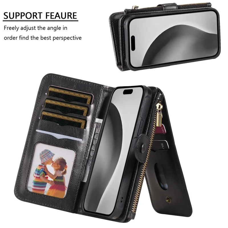 For iPhone 16 Pro Magnetic Case Detachable PU Leather Zipper Wallet Cover - Black