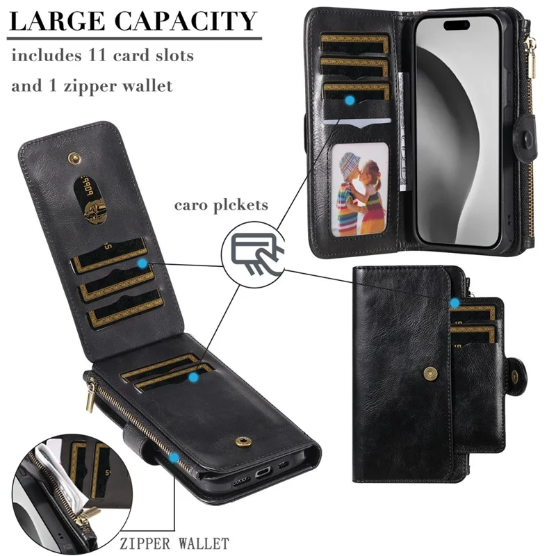 For iPhone 16 Pro Magnetic Case Detachable PU Leather Zipper Wallet Cover - Black