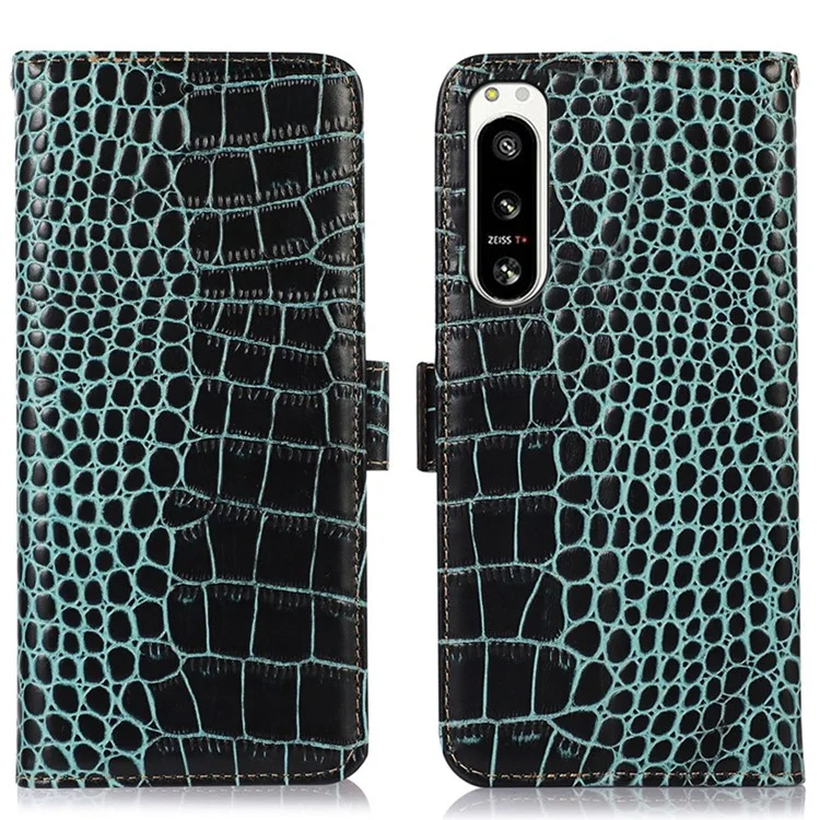 Genuine Cowhide Leather Case for Sony Xperia 5 IV 5G, Crocodile Texture Stand Wallet RFID Blocking Folio Flip Phone Cover - Green