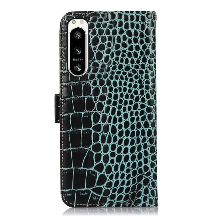 Genuine Cowhide Leather Case for Sony Xperia 5 IV 5G, Crocodile Texture Stand Wallet RFID Blocking Folio Flip Phone Cover - Green