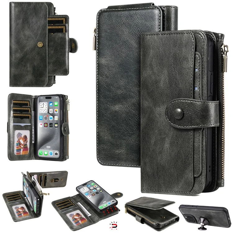 KT Multi-fonctional Series-3 Pour Iphone 16 Pro Max Téléphone pu Leather Zipper Portefeuille Couverture Détachable - Vert Noirâtre