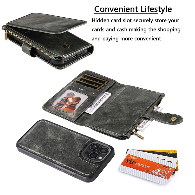KT Multi-fonctional Series-3 Pour Iphone 16 Pro Max Téléphone pu Leather Zipper Portefeuille Couverture Détachable - Vert Noirâtre