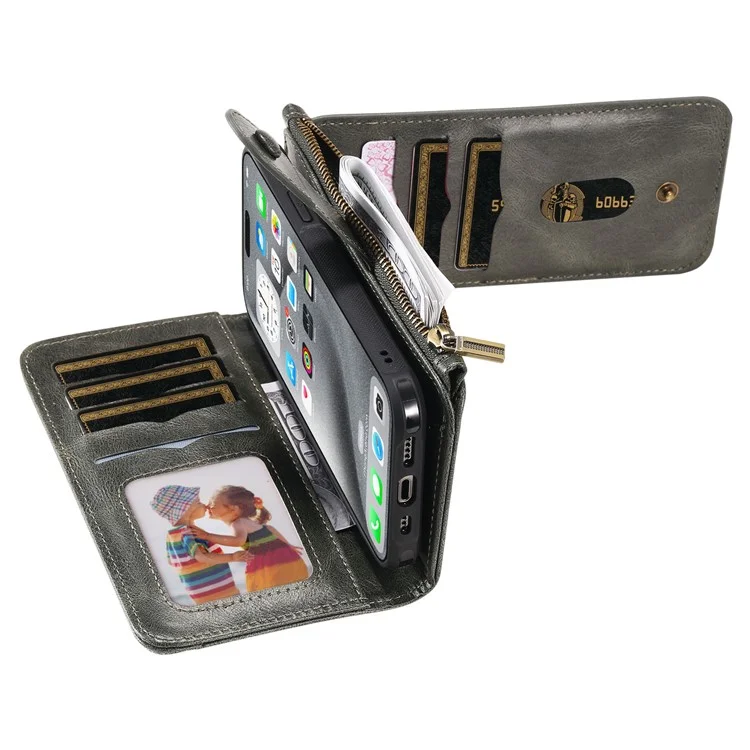 KT Multi-fonctional Series-3 Pour Iphone 16 Pro Max Téléphone pu Leather Zipper Portefeuille Couverture Détachable - Vert Noirâtre