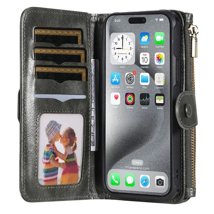 KT Multi-fonctional Series-3 Pour Iphone 16 Pro Max Téléphone pu Leather Zipper Portefeuille Couverture Détachable - Vert Noirâtre