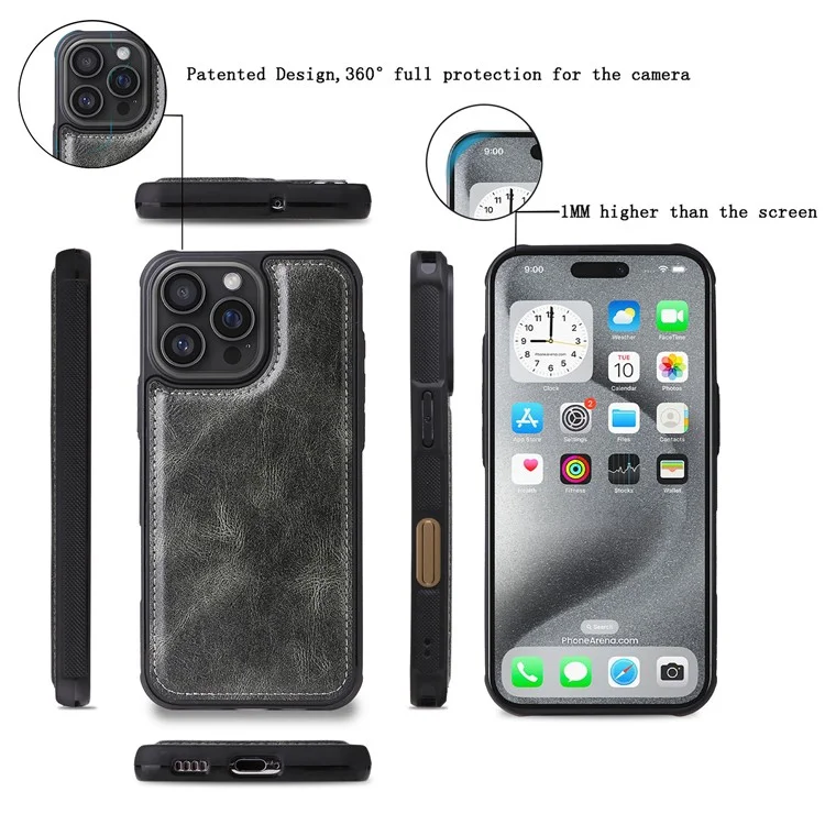 KT Multi-fonctional Series-3 Pour Iphone 16 Pro Max Téléphone pu Leather Zipper Portefeuille Couverture Détachable - Vert Noirâtre