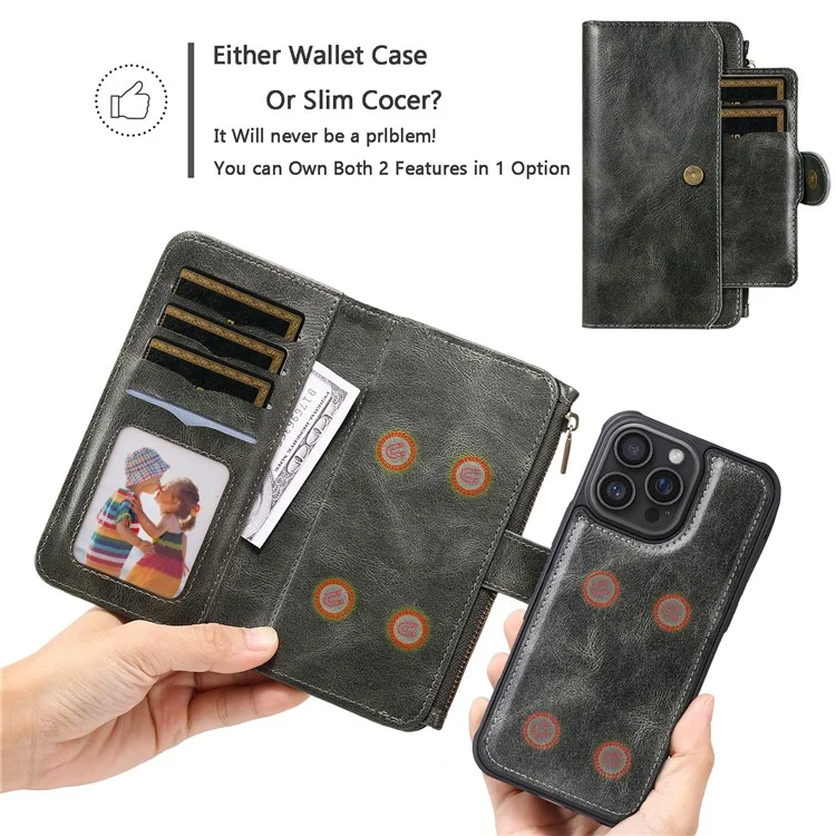 KT Multi-fonctional Series-3 Pour Iphone 16 Pro Max Téléphone pu Leather Zipper Portefeuille Couverture Détachable - Vert Noirâtre