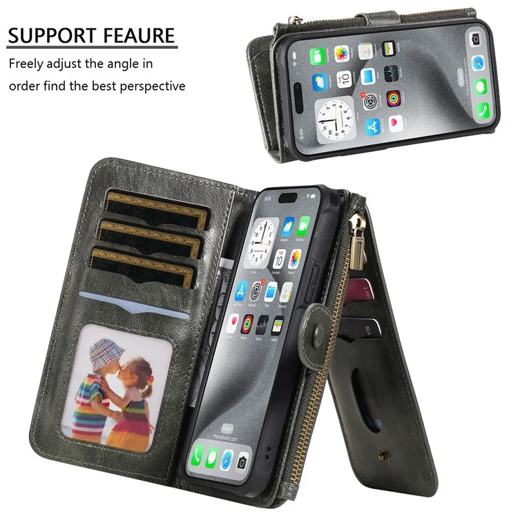 KT Multi-fonctional Series-3 Pour Iphone 16 Pro Max Téléphone pu Leather Zipper Portefeuille Couverture Détachable - Vert Noirâtre