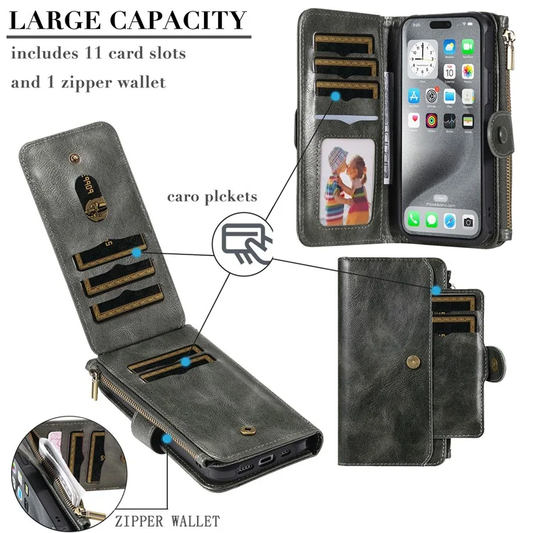 KT Multi-fonctional Series-3 Pour Iphone 16 Pro Max Téléphone pu Leather Zipper Portefeuille Couverture Détachable - Vert Noirâtre