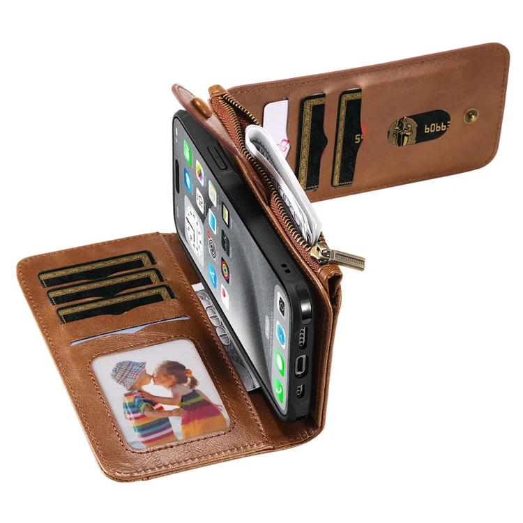 For iPhone 16 Pro Max Magnetic Case Detachable PU Leather Zipper Wallet Cover - Brown