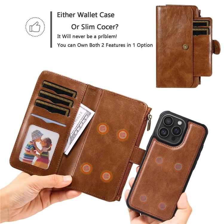 For iPhone 16 Pro Max Magnetic Case Detachable PU Leather Zipper Wallet Cover - Brown