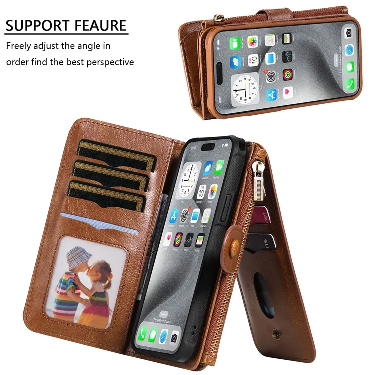 For iPhone 16 Pro Max Magnetic Case Detachable PU Leather Zipper Wallet Cover - Brown