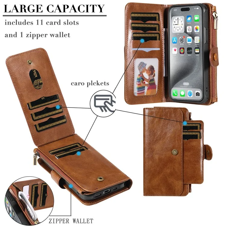 For iPhone 16 Pro Max Magnetic Case Detachable PU Leather Zipper Wallet Cover - Brown
