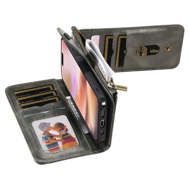 For iPhone 16 Plus Magnetic Case Detachable PU Leather Zipper Wallet Cover - Blackish Green