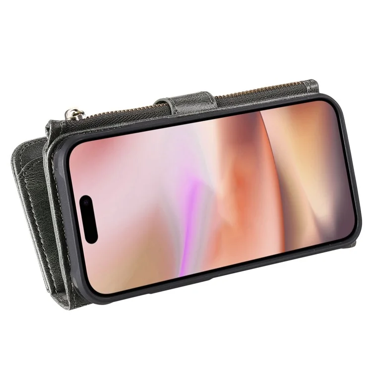 For iPhone 16 Plus Magnetic Case Detachable PU Leather Zipper Wallet Cover - Blackish Green