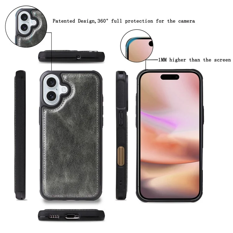 For iPhone 16 Plus Magnetic Case Detachable PU Leather Zipper Wallet Cover - Blackish Green