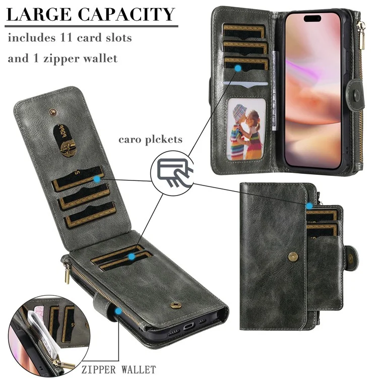 For iPhone 16 Plus Magnetic Case Detachable PU Leather Zipper Wallet Cover - Blackish Green