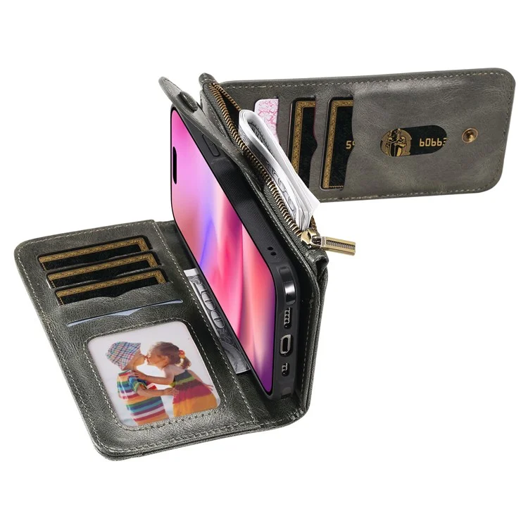 For iPhone 16 Magnetic Case Detachable PU Leather Zipper Wallet Cover - Blackish Green