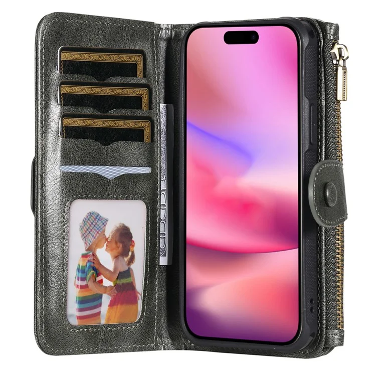 For iPhone 16 Magnetic Case Detachable PU Leather Zipper Wallet Cover - Blackish Green