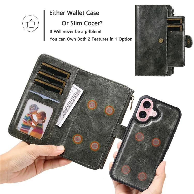 For iPhone 16 Magnetic Case Detachable PU Leather Zipper Wallet Cover - Blackish Green