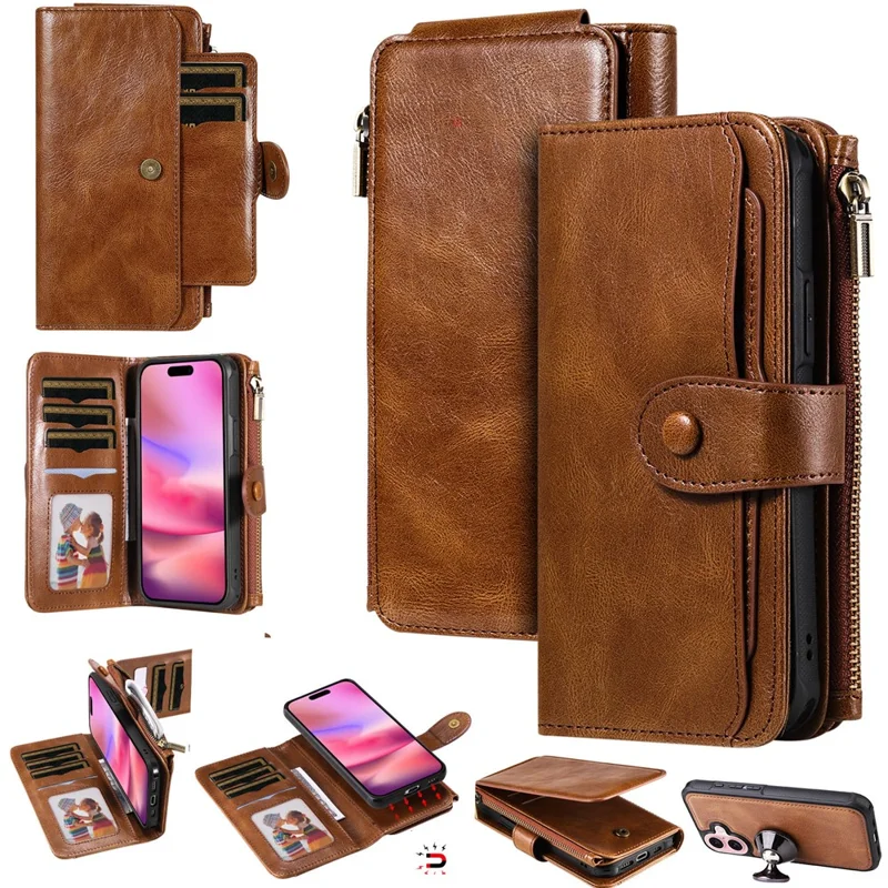 For iPhone 16 Magnetic Case Detachable PU Leather Zipper Wallet Cover - Brown