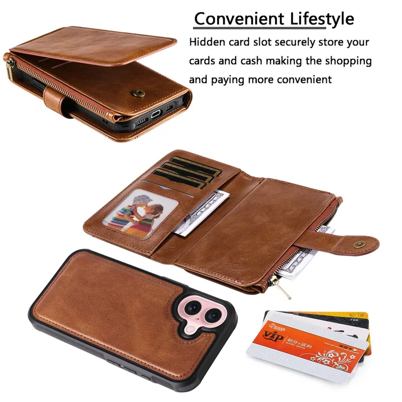 For iPhone 16 Magnetic Case Detachable PU Leather Zipper Wallet Cover - Brown