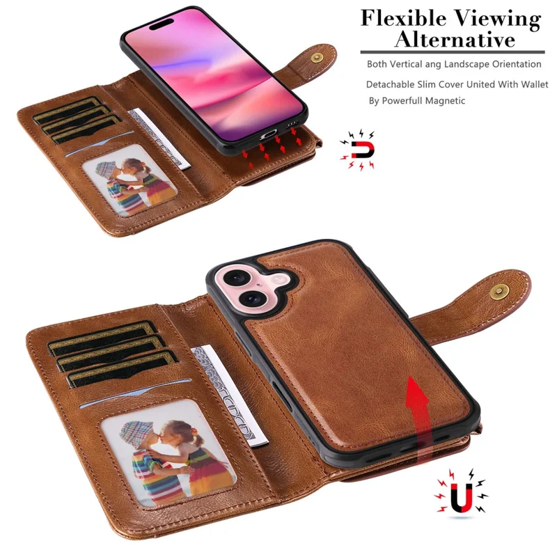 For iPhone 16 Magnetic Case Detachable PU Leather Zipper Wallet Cover - Brown
