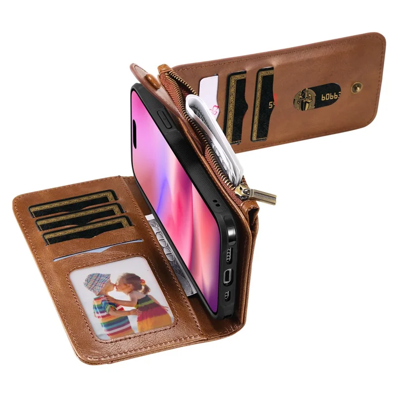 For iPhone 16 Magnetic Case Detachable PU Leather Zipper Wallet Cover - Brown
