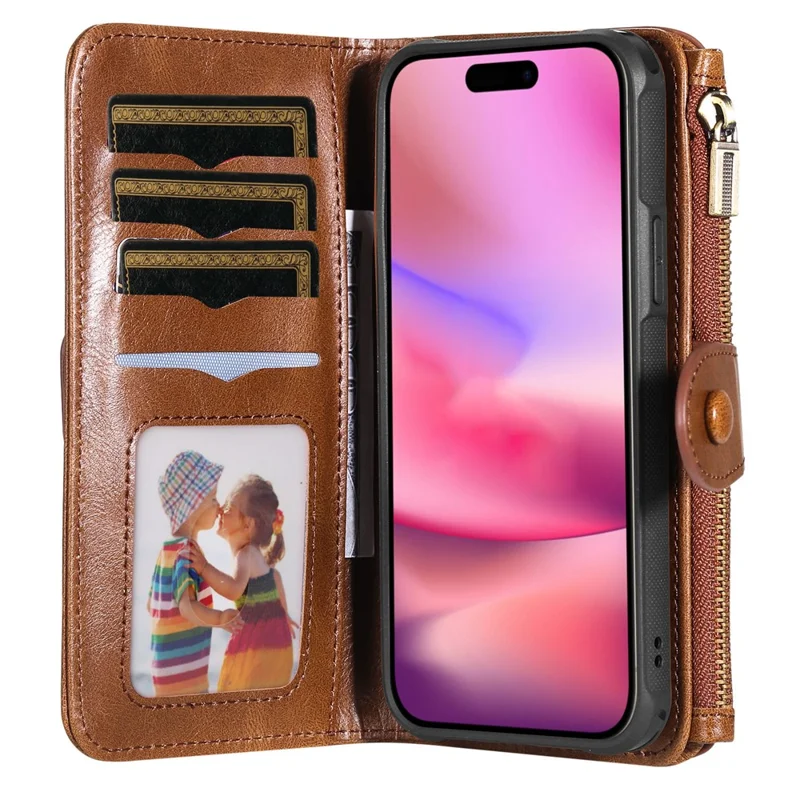 For iPhone 16 Magnetic Case Detachable PU Leather Zipper Wallet Cover - Brown