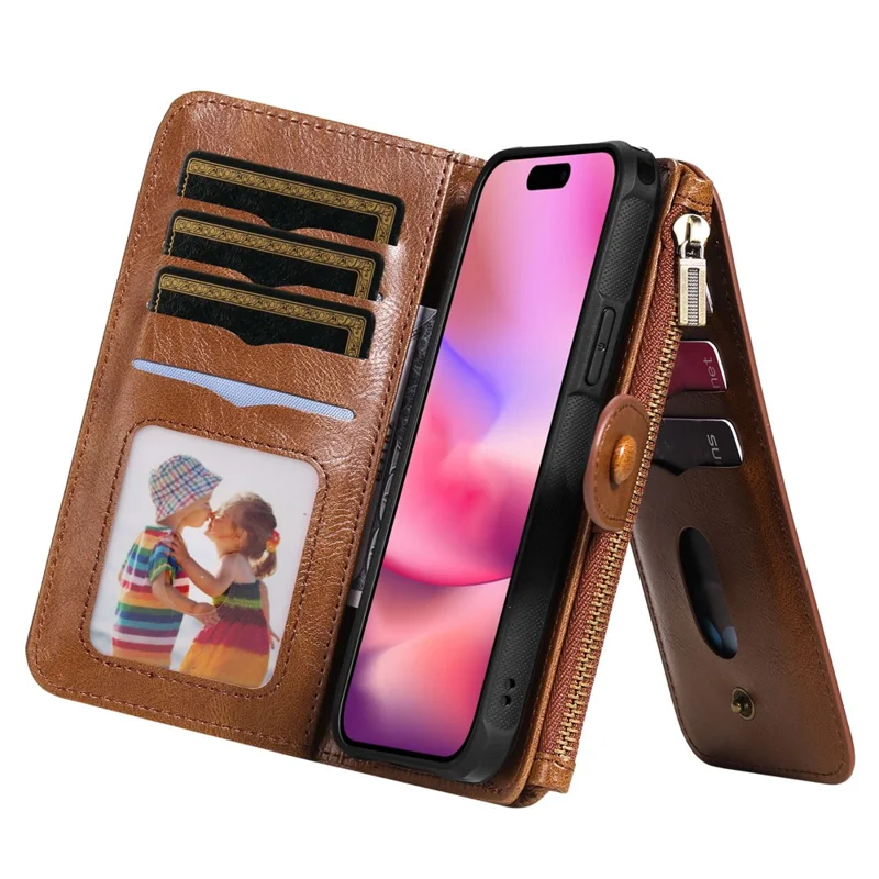 For iPhone 16 Magnetic Case Detachable PU Leather Zipper Wallet Cover - Brown