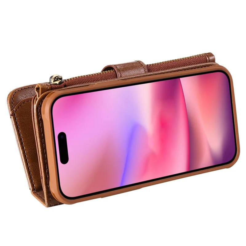 For iPhone 16 Magnetic Case Detachable PU Leather Zipper Wallet Cover - Brown