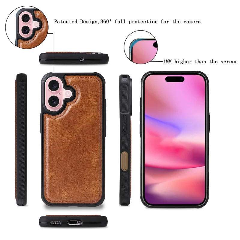 For iPhone 16 Magnetic Case Detachable PU Leather Zipper Wallet Cover - Brown