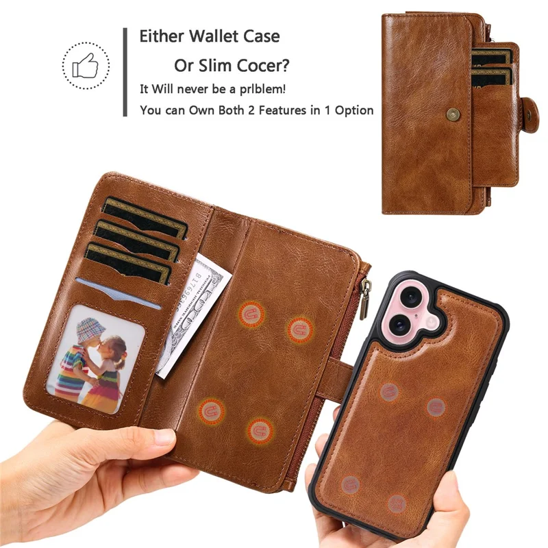 For iPhone 16 Magnetic Case Detachable PU Leather Zipper Wallet Cover - Brown